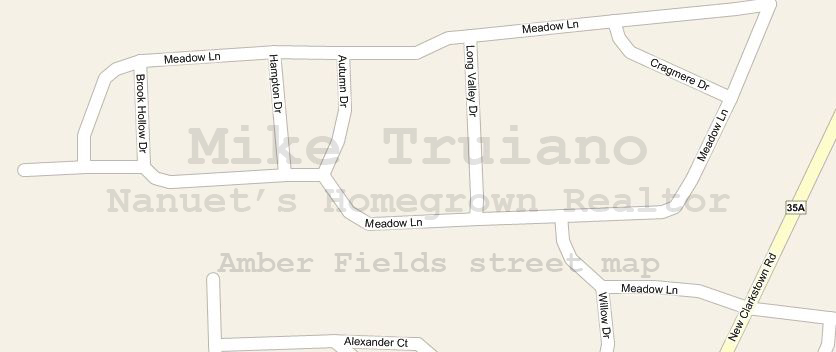Amber Fields nanuet condo complex street map in Rockland County NY. Street Names include Meadow, Brook Hollow, Cragmere, Long Valley Autumn and Hampton Drive. Amber Fields nanuet condo complex street map in Rockland County NY. Street Names include Meadow, Brook Hollow, Cragmere, Long Valley Autumn and Hampton Drive.
